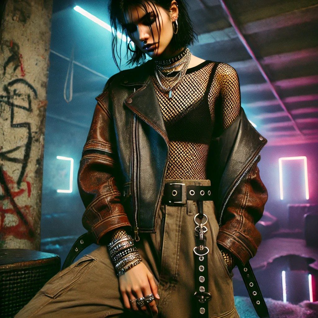 Brown Leather Jacket, Fishnet Top, Cargo Pants, and Studded Belt — Indie Sleaze Outfits