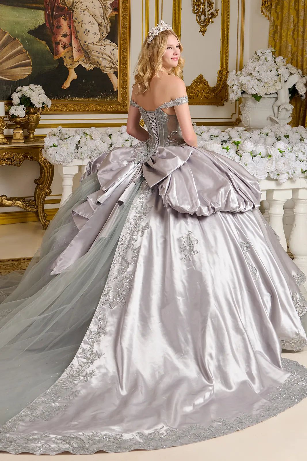 Silver and Light Blue Ball Gown with Ornate Detailing — Sweet 16 Dresses