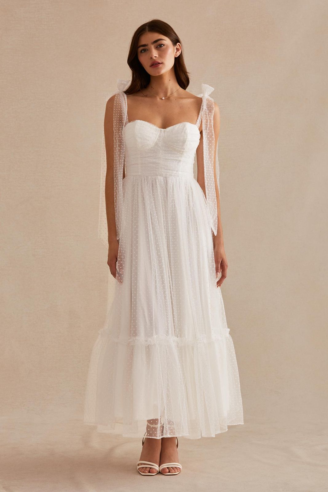 White Dotted Tulle Midi Dress with Ruched Bodice — Rehearsal Dinner Dresses