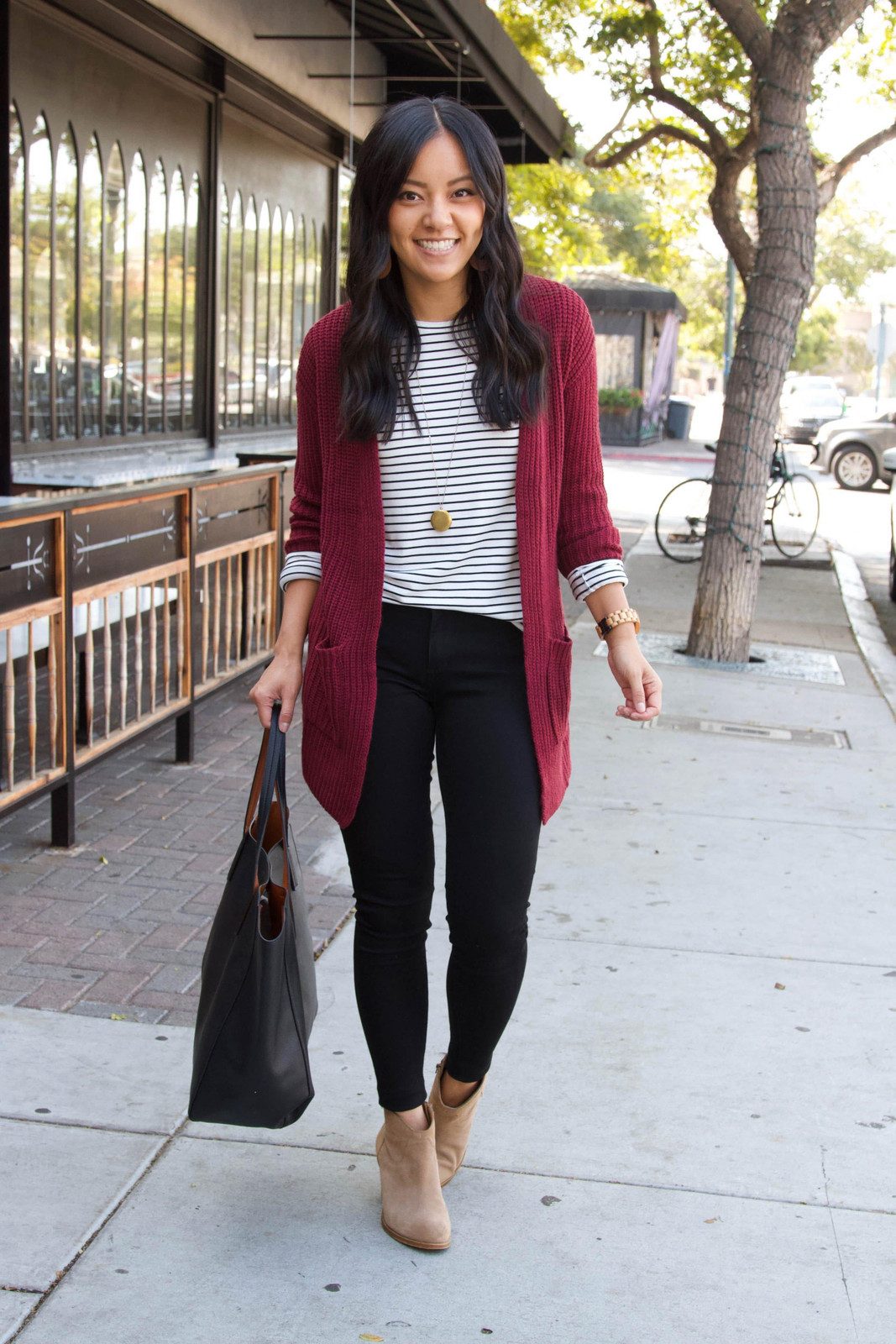 Striped Tee and Burgundy Cardigan with Tan Boots — Dressy Casual Outfits