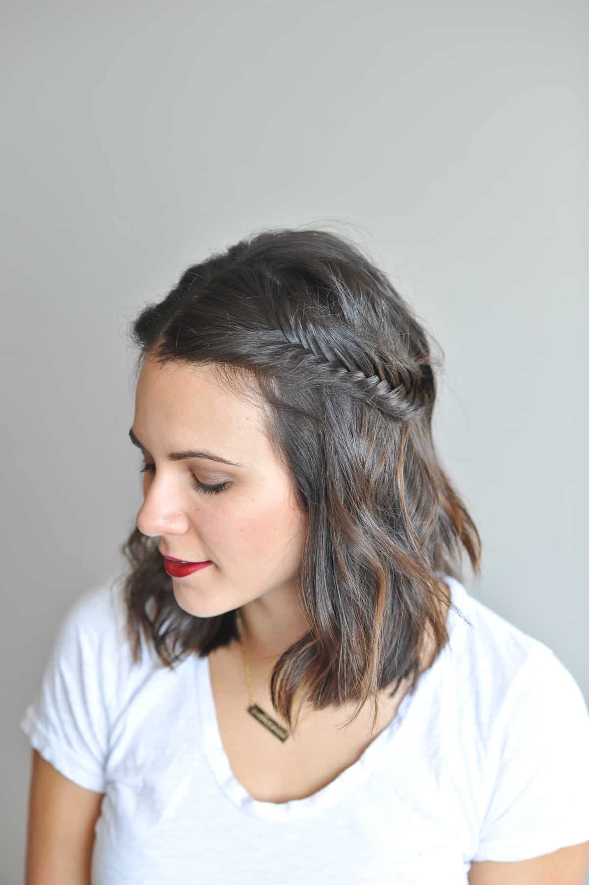Dark Brown Bob with Fishtail Braid Accent Dark Brown Bob with Fishtail Braid Accent — Braids for Short Hair