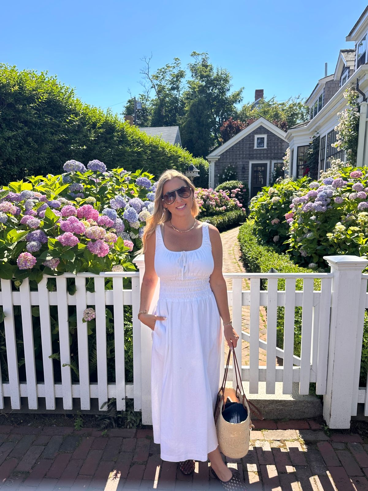 White Midi Dress with Square Neckline and Straw Tote White Midi Dress with Square Neckline and Straw Tote — Cape Cod Outfits