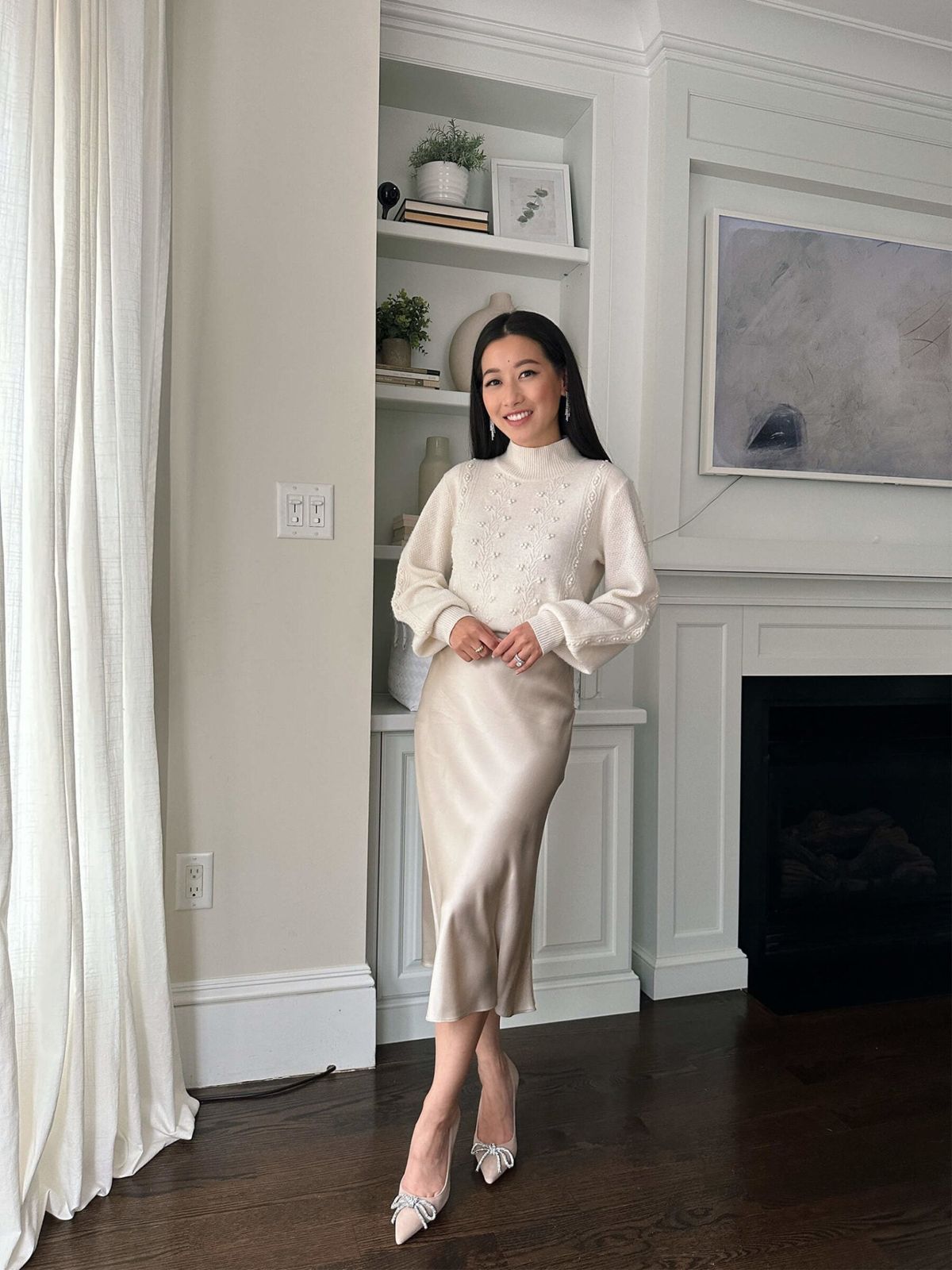 Champagne Slip Skirt with Detailed Cable-Knit Sweater — Slip Skirt Outfits