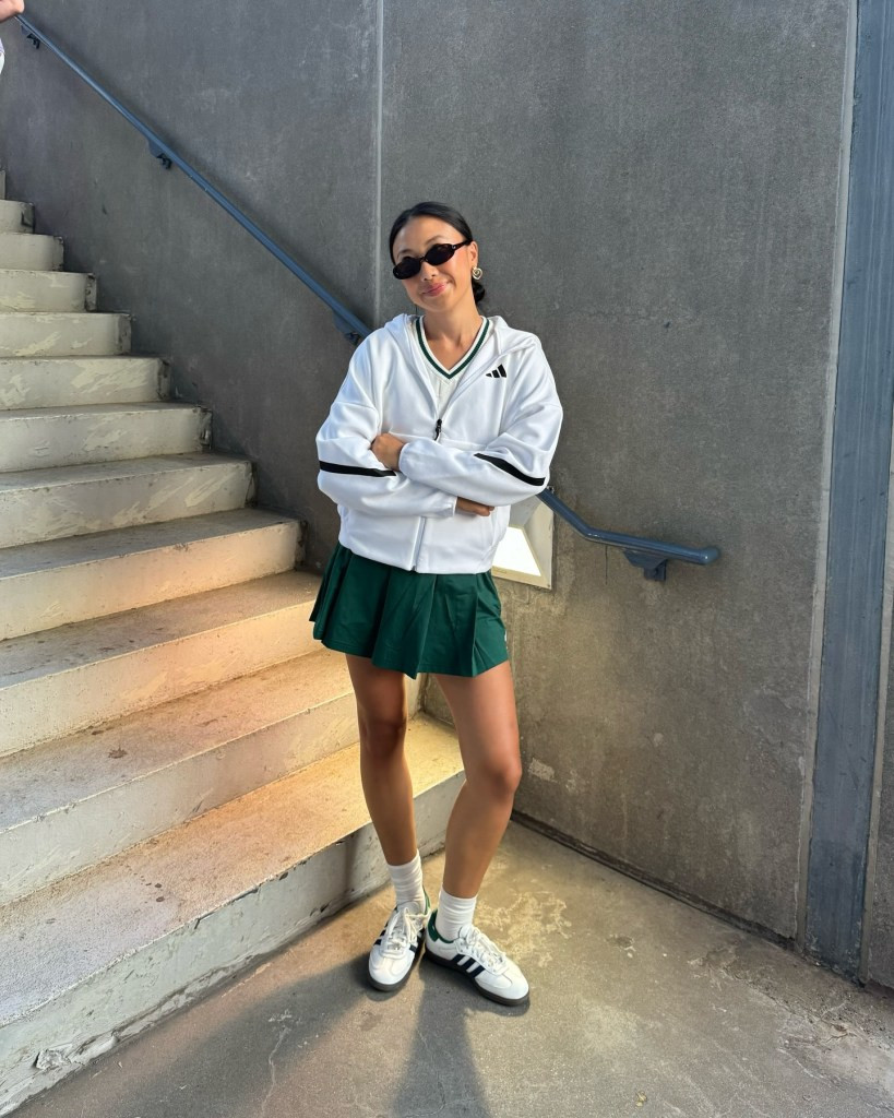 Green Pleated Mini Skirt with Zip-Up Hoodie for Casual Tennis — Tennis Match Outfits