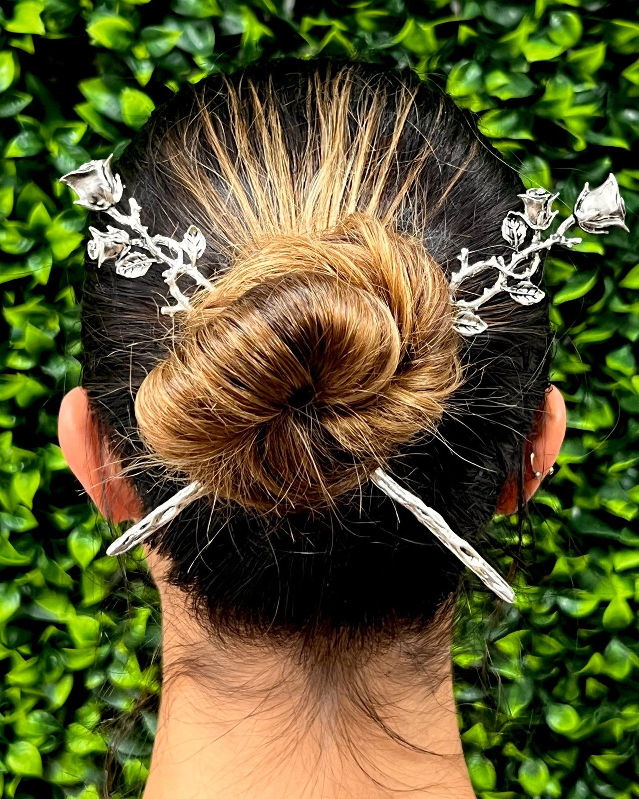 Textured Bun With Ornate Silver Sticks — Hair Stick Hairstyles