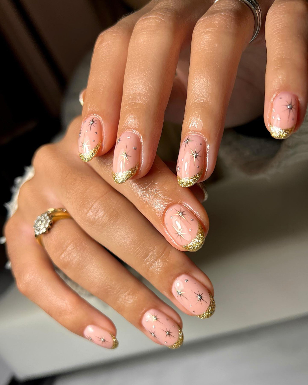 Gold Glitter French And Star Overlay Nails Gold Glitter French And Star Overlay Nails