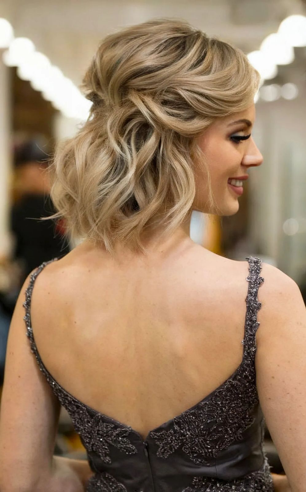 Blonde Chin Bob Half-Updo with Waves Blonde Chin Bob Half-Updo with Waves — Prom Hairstyles for Short Hair