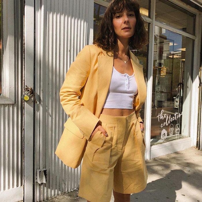 Yellow Linen Suit with White Henley Top — Safari Outfits