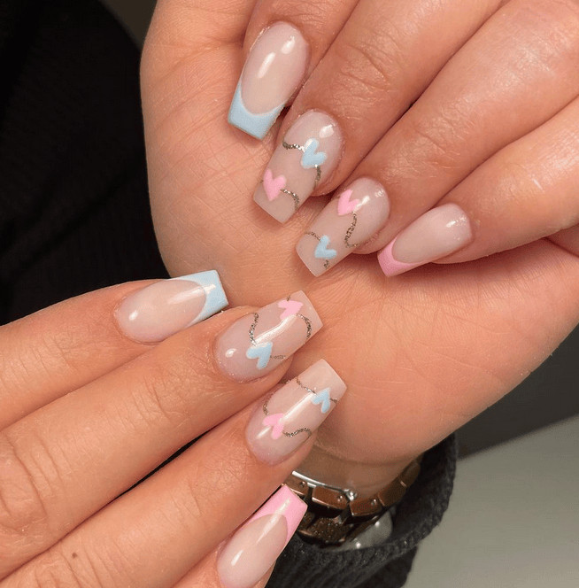 Sheer Hearts French Tips with Glitter Sheer Hearts French Tips with Glitter — Gender Reveal Nails