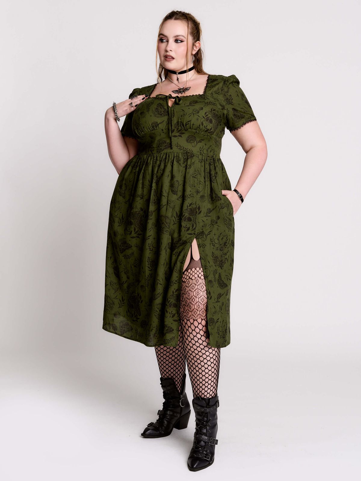 Olive Green Midi Dress with Tie-Front and Slit — Plus Size Dresses