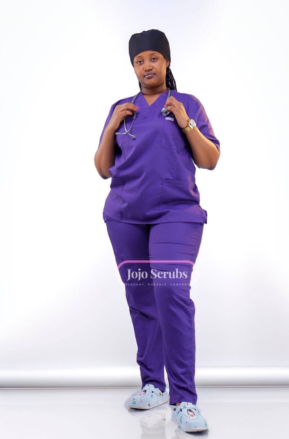 Purple Jogger Scrubs with Stethoscope and Scrub Cap Purple Jogger Scrubs with Stethoscope and Scrub Cap — Scrubs Outfits