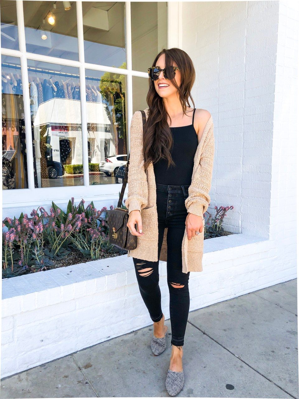 Spaghetti Strap Bodysuit with Distressed Jeans and Long Cardigan — Bodysuit Outfits