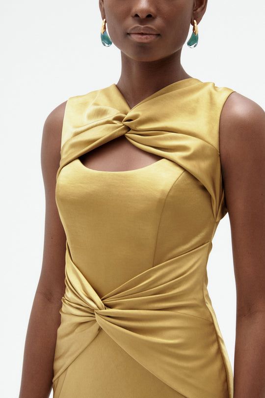 Mustard Yellow Satin Dress with Twisted Cutout Neckline — Satin Dresses