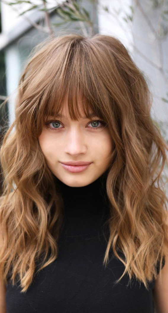 Light Brown Shag With Balayage Fringe Light Brown Shag With Balayage Fringe — Textured Fringe