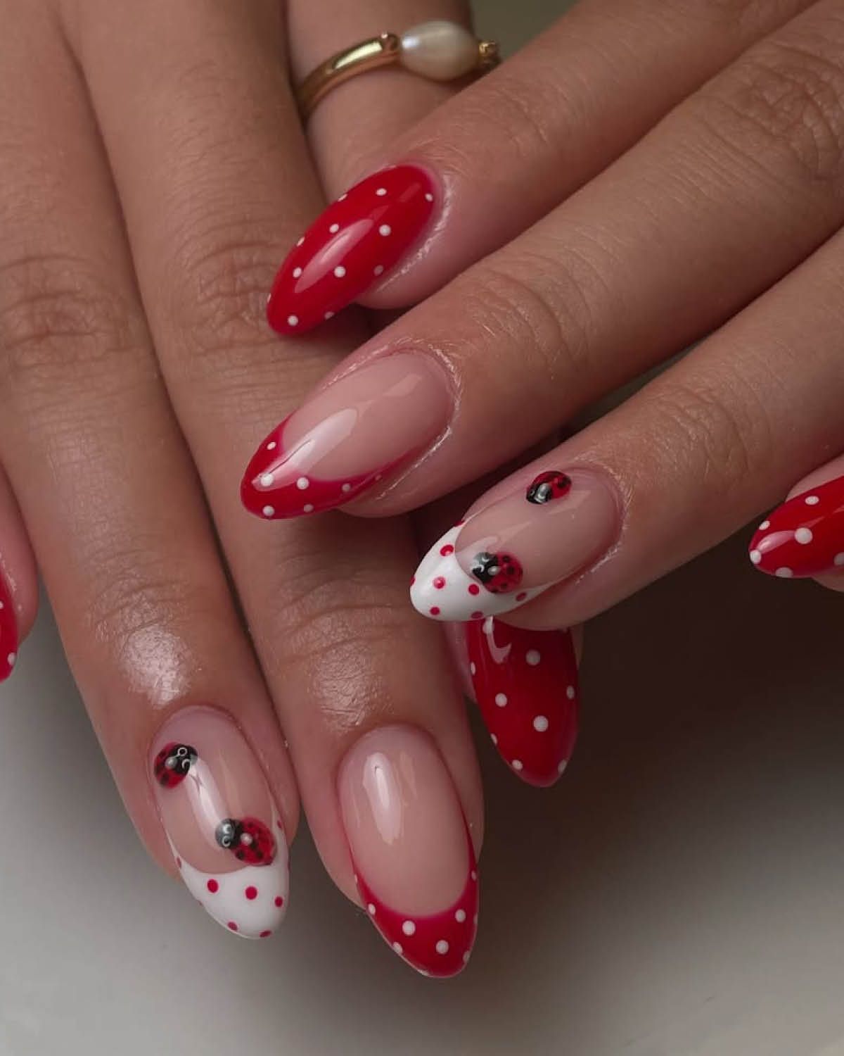 Spring Summer Nude French Tips with Polka Dots & Ladybugs — Ladybug Nails