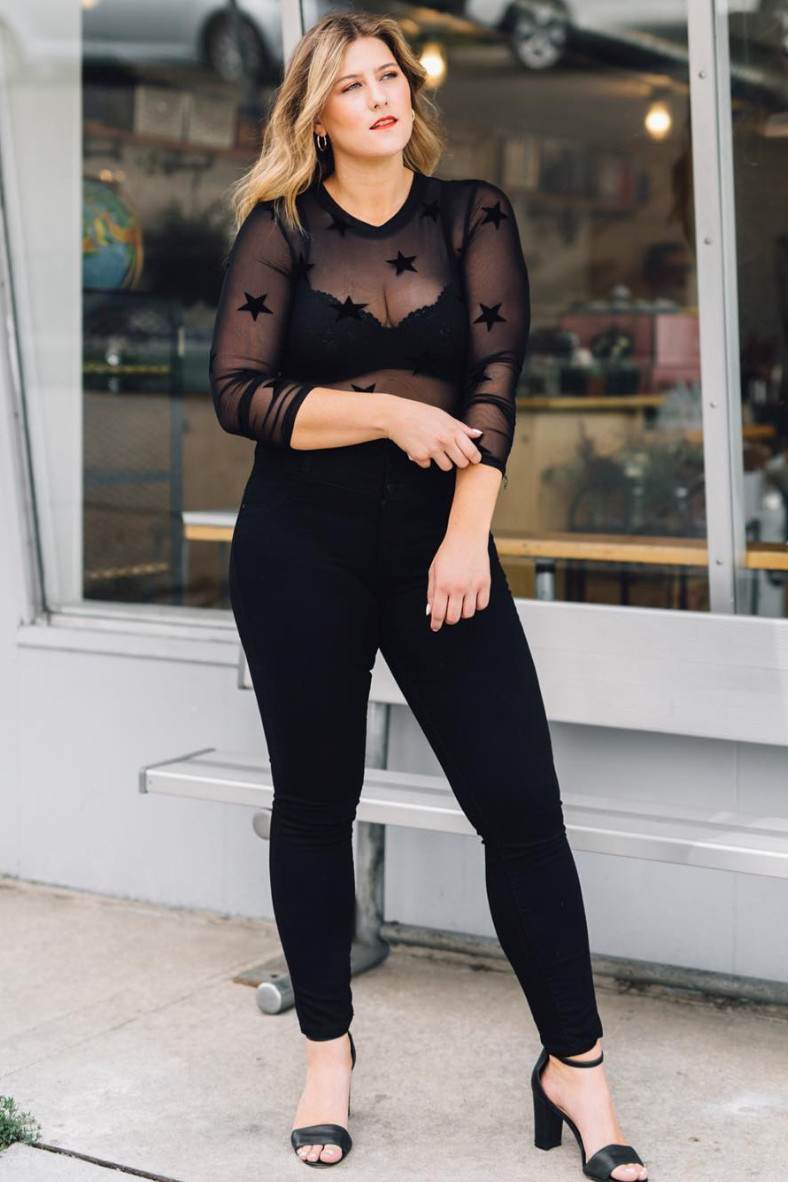 Black Star Mesh Top with Ankle-Strap Heels — Mesh Top Outfits