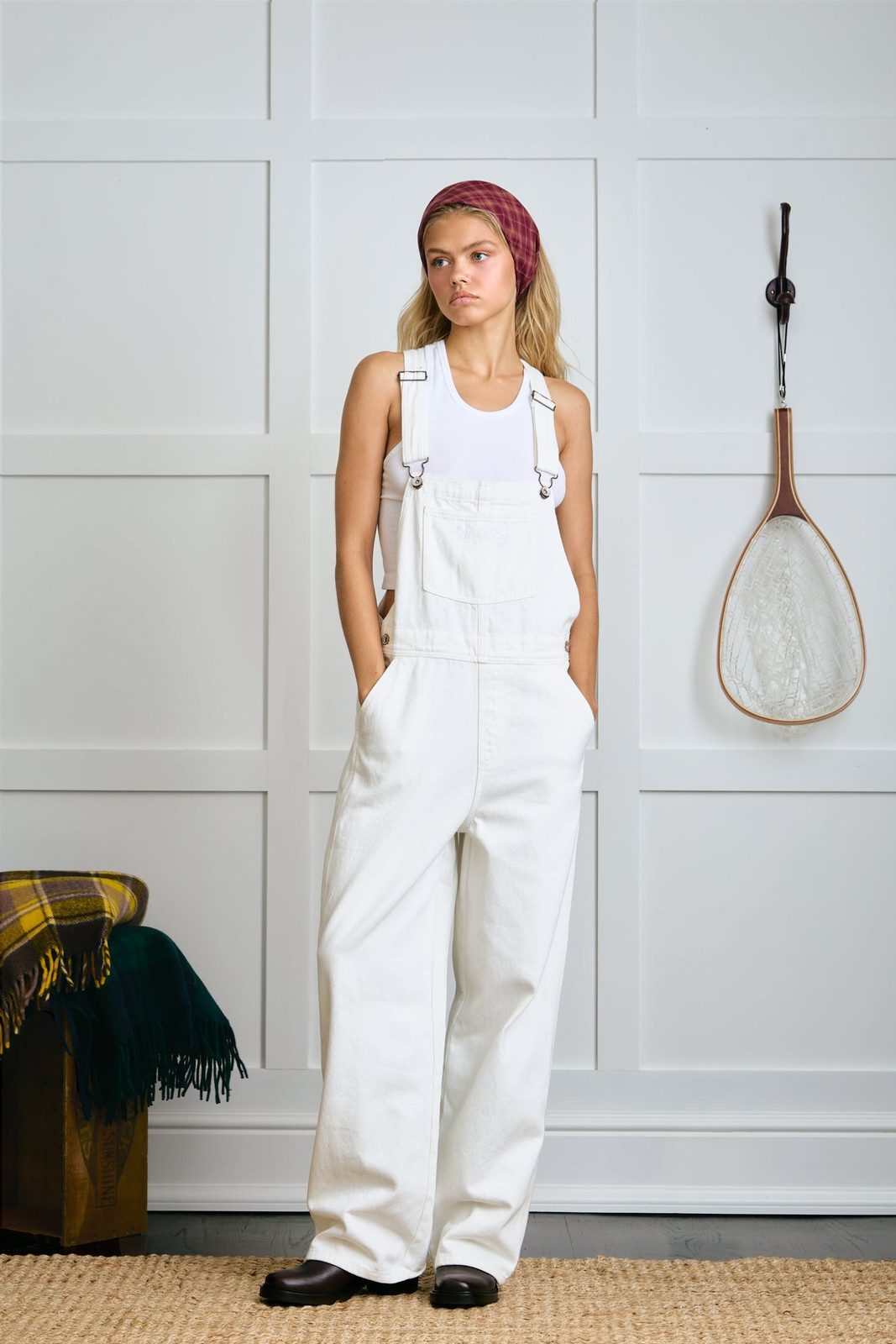 Crisp White Denim Overalls with Striped Bandana and Loafers Crisp White Denim Overalls with Striped Bandana and Loafers