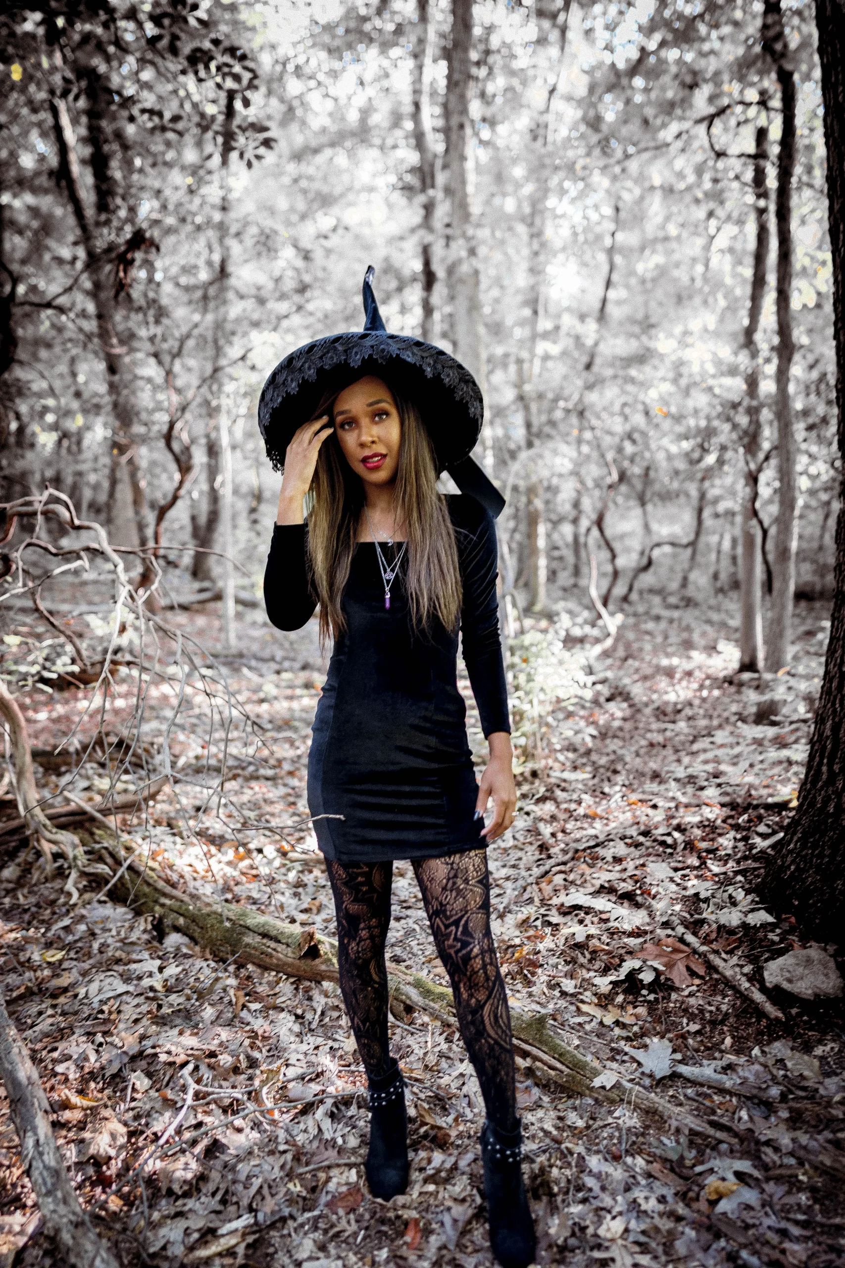 Black Velvet Dress with Witch Hat and Lace Tights Black Velvet Dress with Witch Hat and Lace Tights — Vampire Aesthetic Outfits