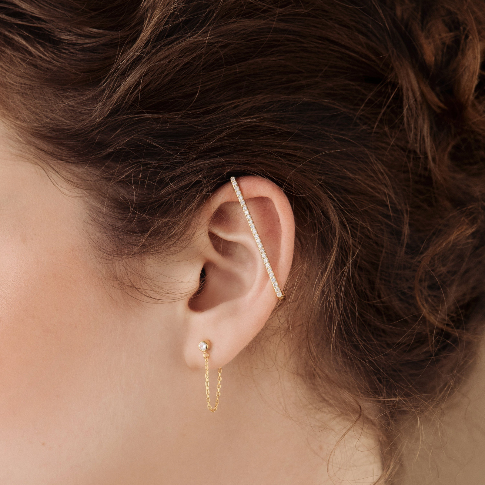 Long Diamond Bar Ear Cuff with Chain Detail Long Diamond Bar Ear Cuff with Chain Detail — Ear Cuffs