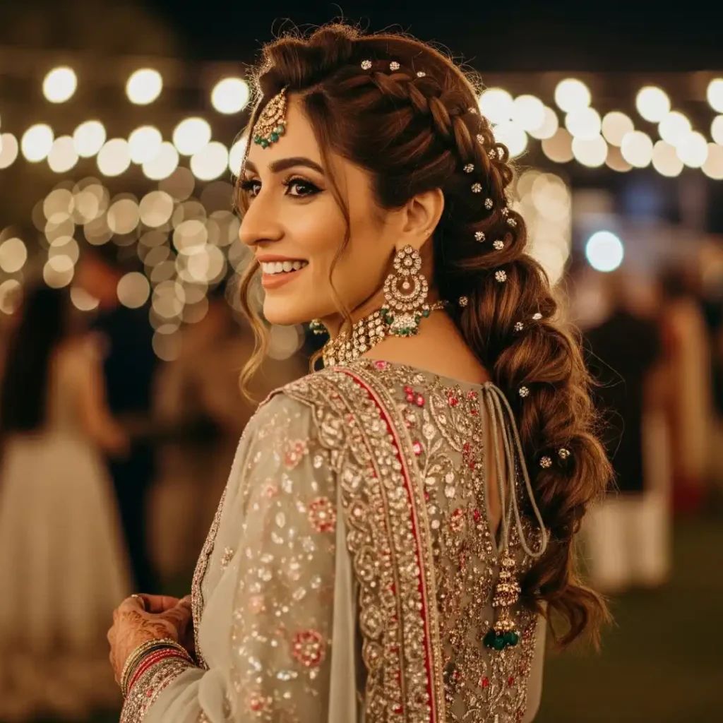 Braided Ponytail with Sparkling Pins — Engagement Photo Hairstyles
