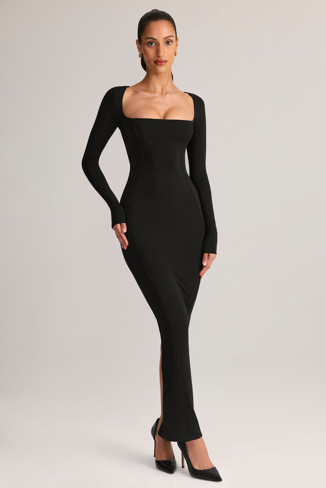 Fitted Black Long-Sleeved Dress: Square Neckline — Date Party Dresses