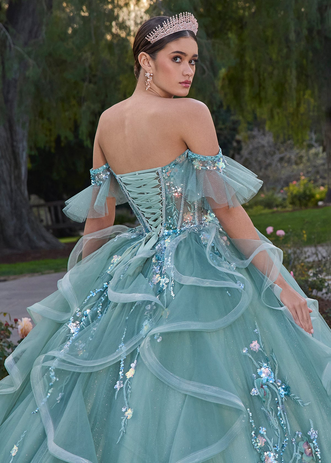 Mint Green Ballgown with Ruffled Sleeves and Corset Back Mint Green Ballgown with Ruffled Sleeves and Corset Back — Quinceanera Dresses