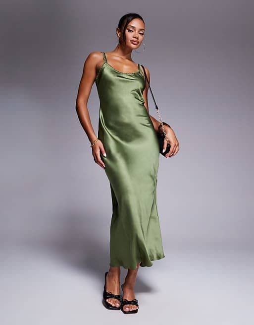 Olive Green Satin Slip Dress for Elegant Evenings — Satin Dress Outfits