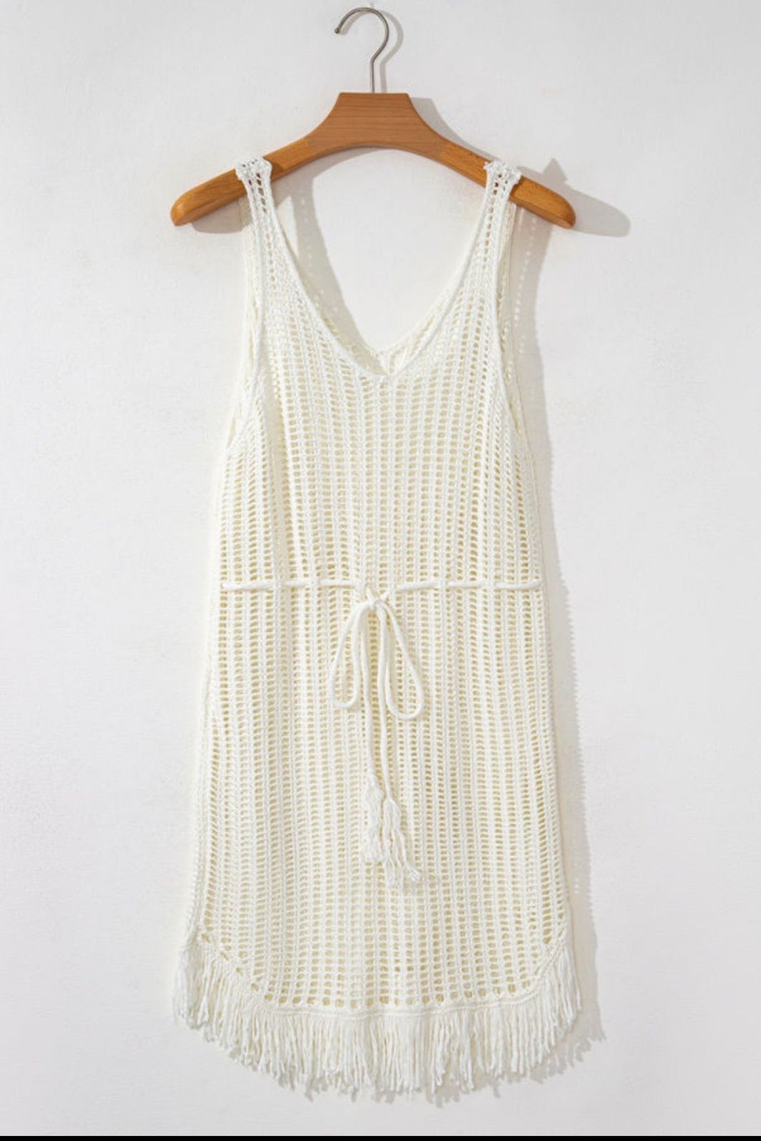 White Crochet Beach Cover-Up with Fringe Hem White Crochet Beach Cover-Up with Fringe Hem — Crochet Dresses