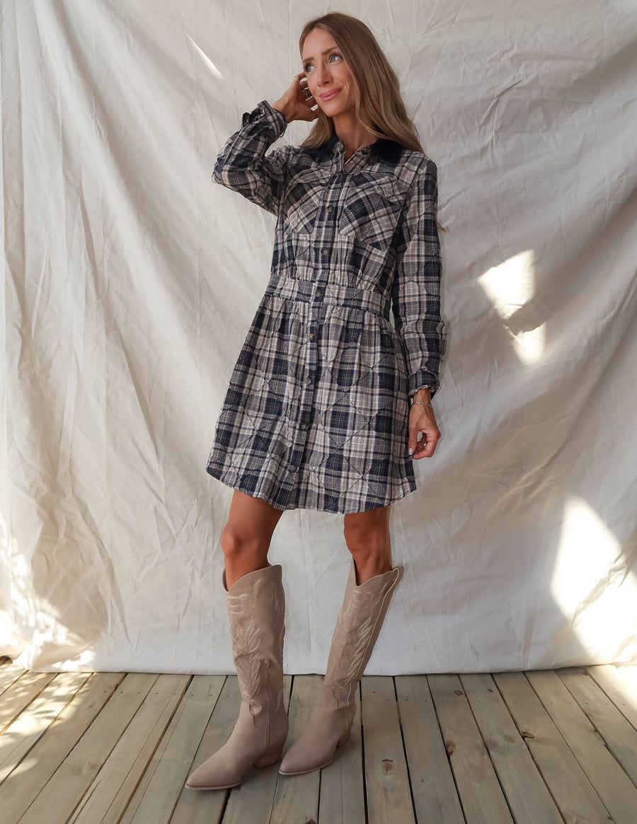Plaid Fit-and-Flare Dress with Knee-High Boots — Knee Length Dresses
