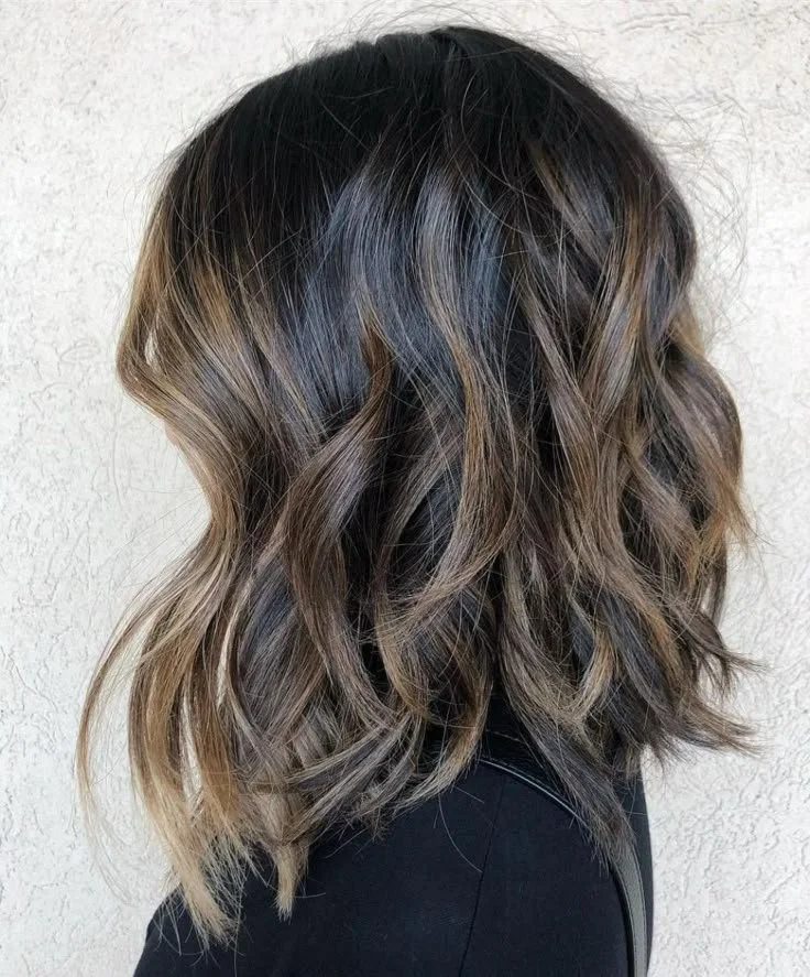 Dark Brown Lob With Caramel Balayage — Loose Waves