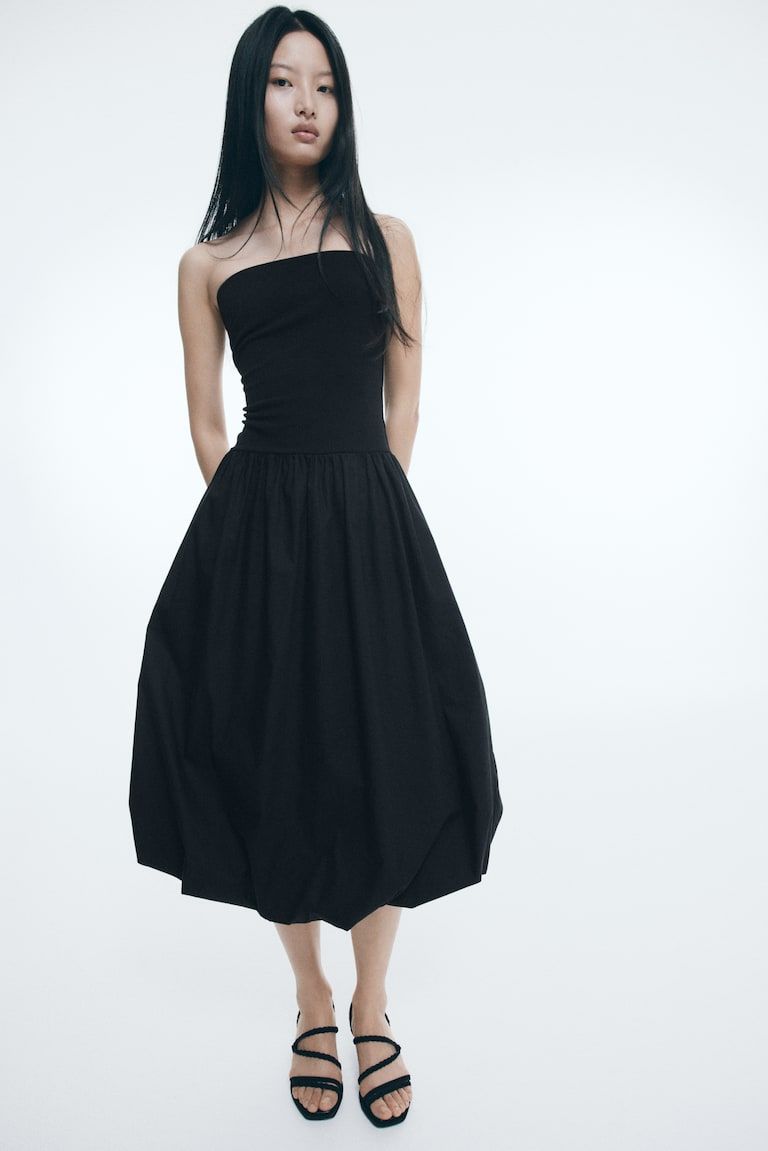 Black Strapless Cotton Midi Dress with Dramatic Bubble Hem — Bubble Hem Dresses