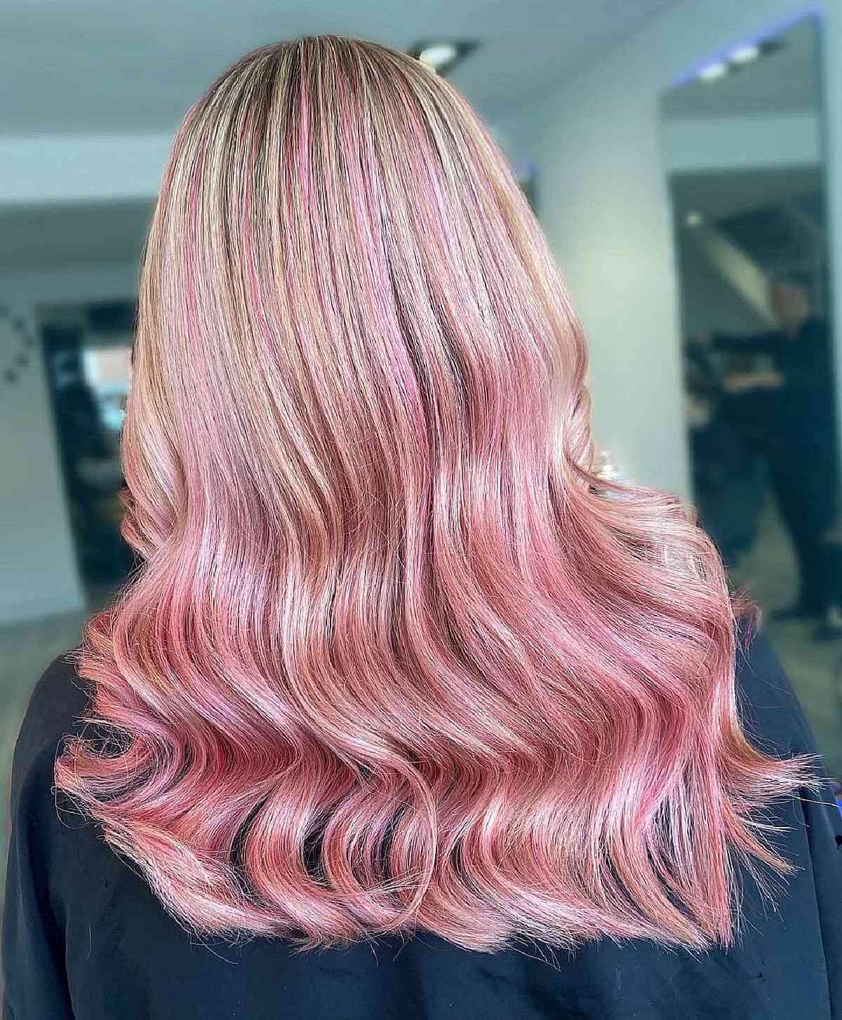 Mid-Back Thick Hair With Fine Pink Highlights Mid-Back Thick Hair With Fine Pink Highlights