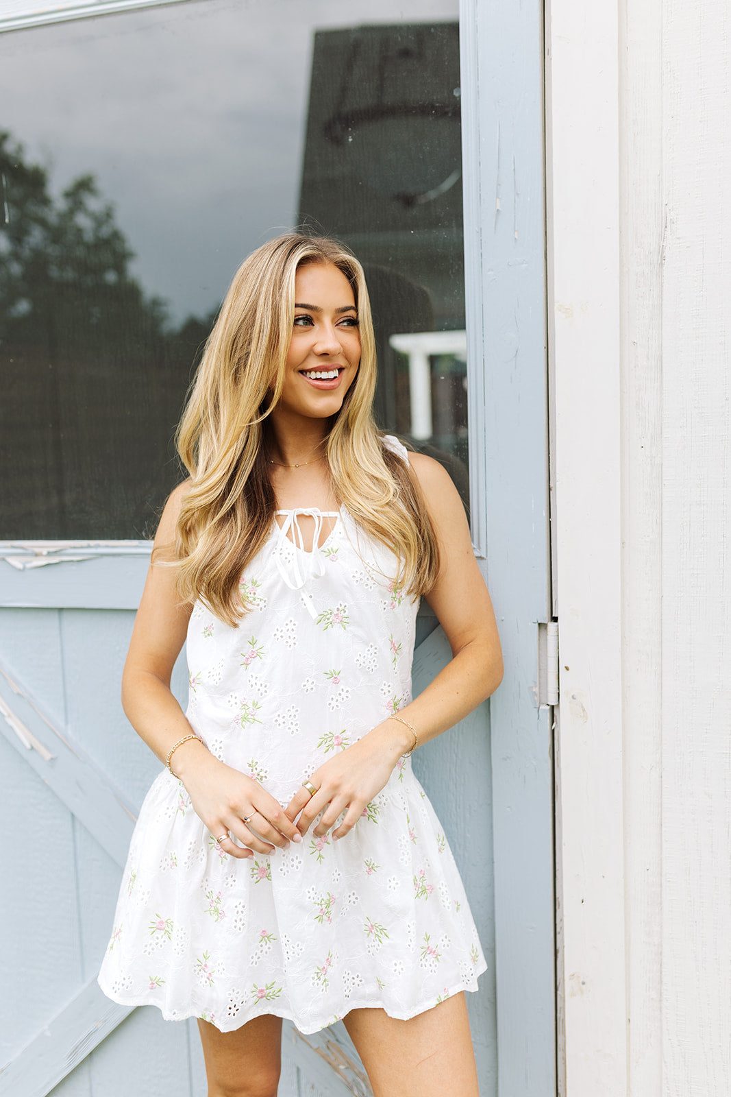 White Eyelet Mini Dress with Floral Embroidery White Eyelet Mini Dress with Floral Embroidery — Bridal Shower Outfits