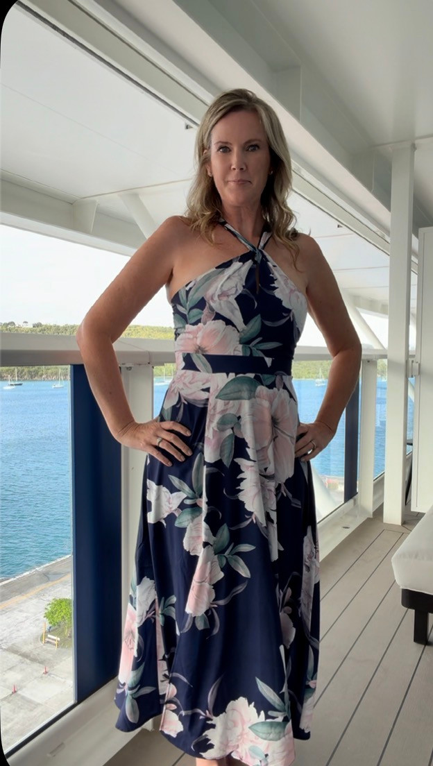 Navy Halter Neck Maxi Dress with Floral Print — Cruise Dinner Outfits