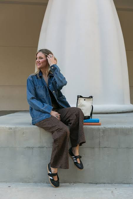Patterned Trousers and Denim Jacket with Black Mary Janes — Chunky Mary Janes Outfits