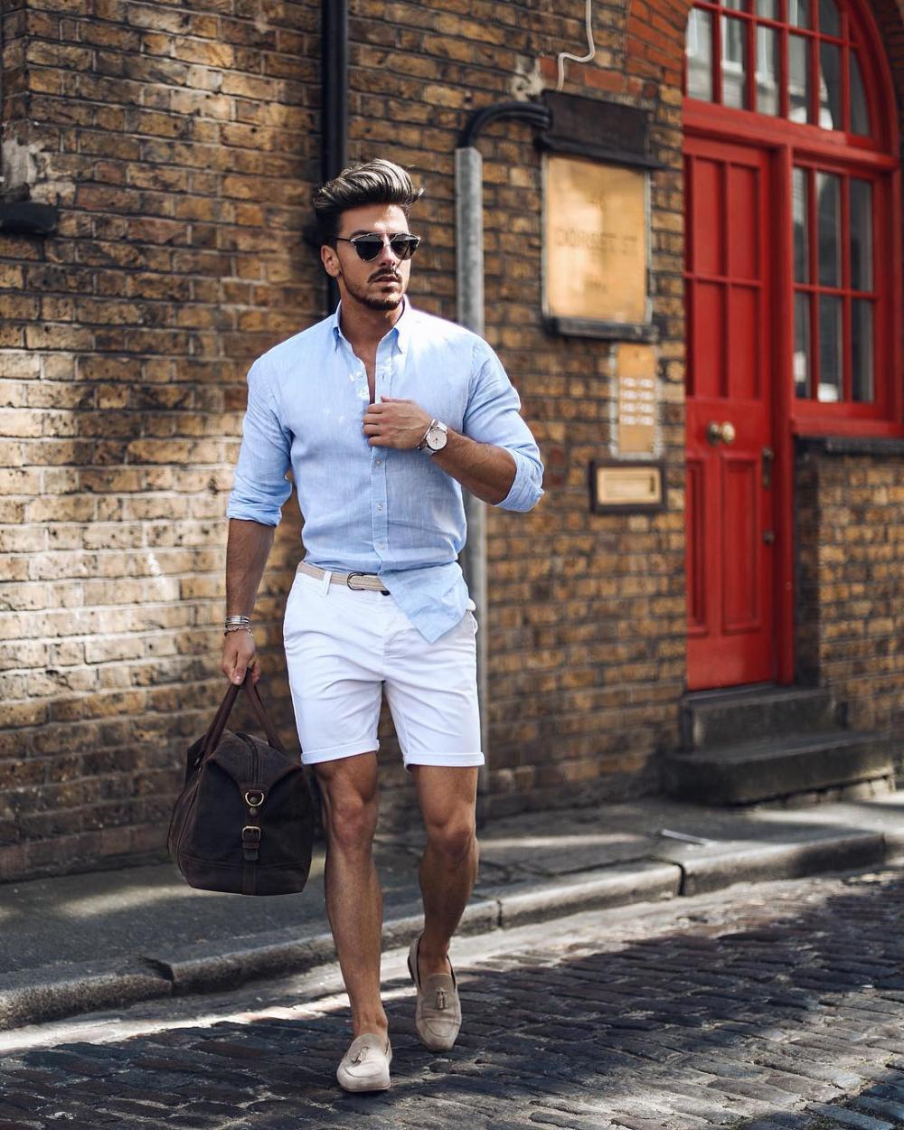 Light Blue Linen Shirt with Tailored Shorts for Smart Resort Wear Mens Vacation Outfits