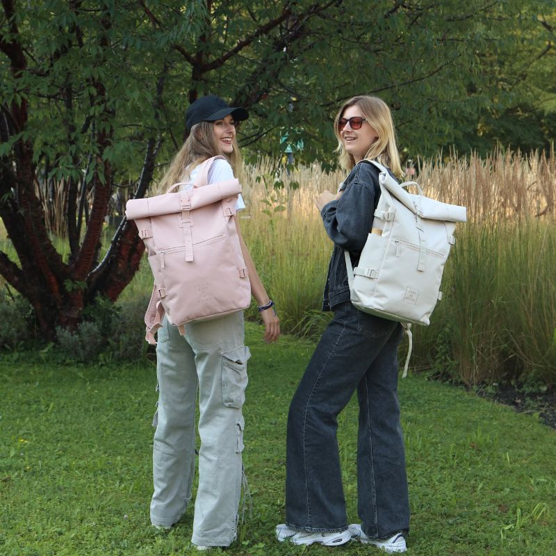 Duo Style: Pink and Cream Backpacks with Cargo Pants and Denim Jacket — Backpack Outfits Women