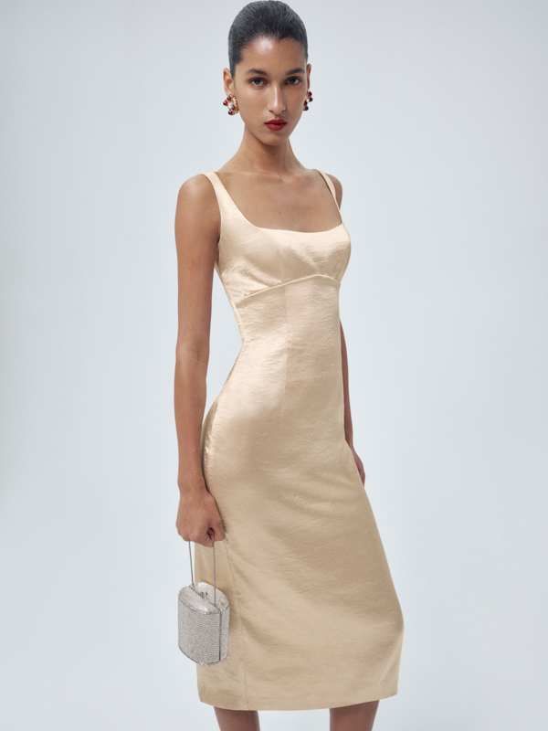 Cream Textured Satin Fitted Midi Dress Cream Textured Satin Fitted Midi Dress — Bachelorette Dresses