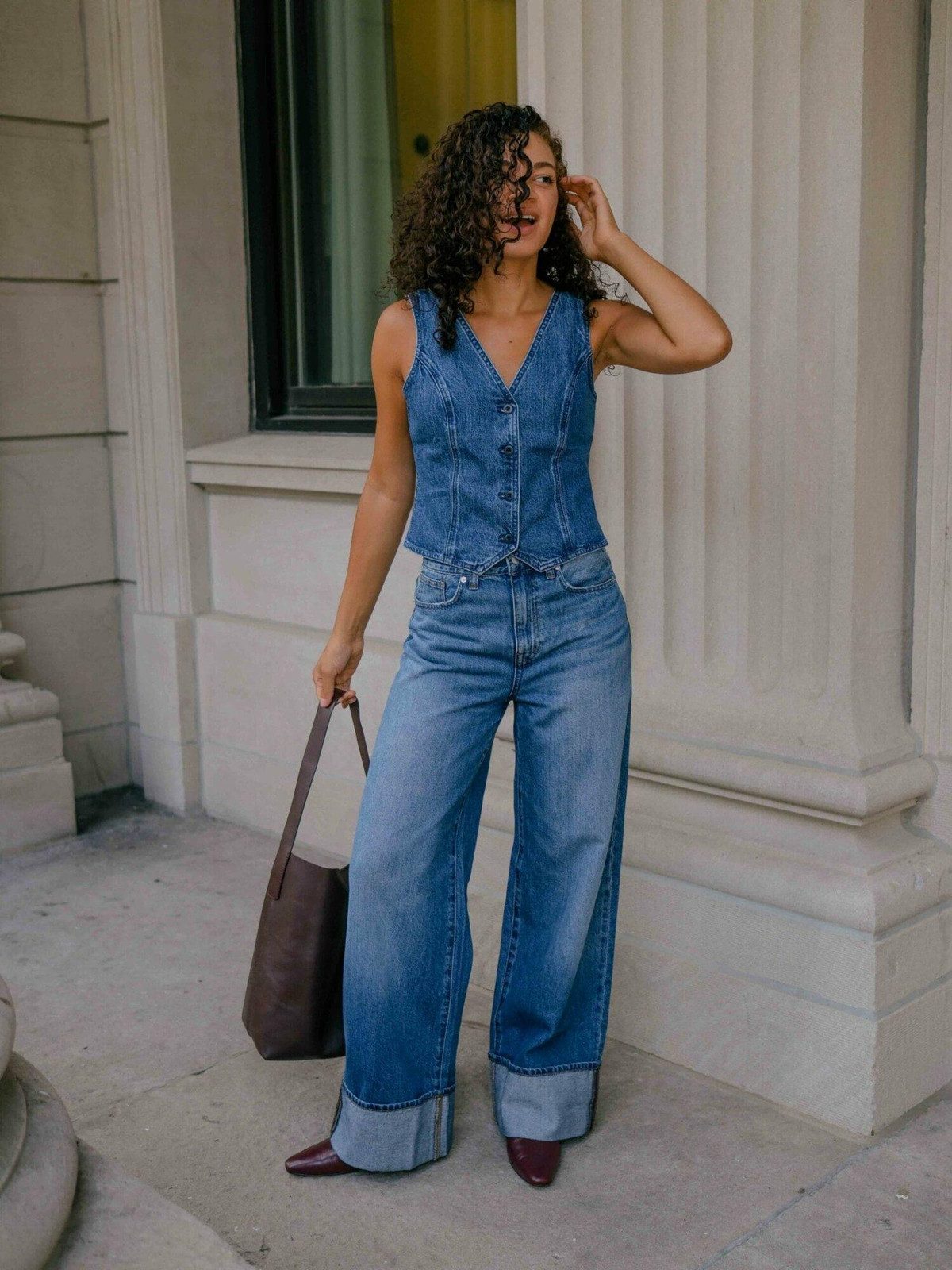 Wide-Leg Jeans, Denim Waistcoat, and Burgundy Pointed-Toe Heels — Heels with Jeans Outfits