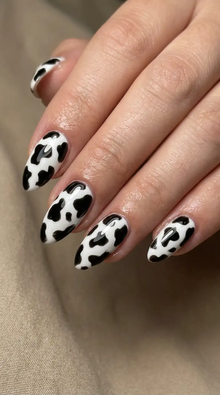 Medium Almond Black and White Cow Print — Western Nails