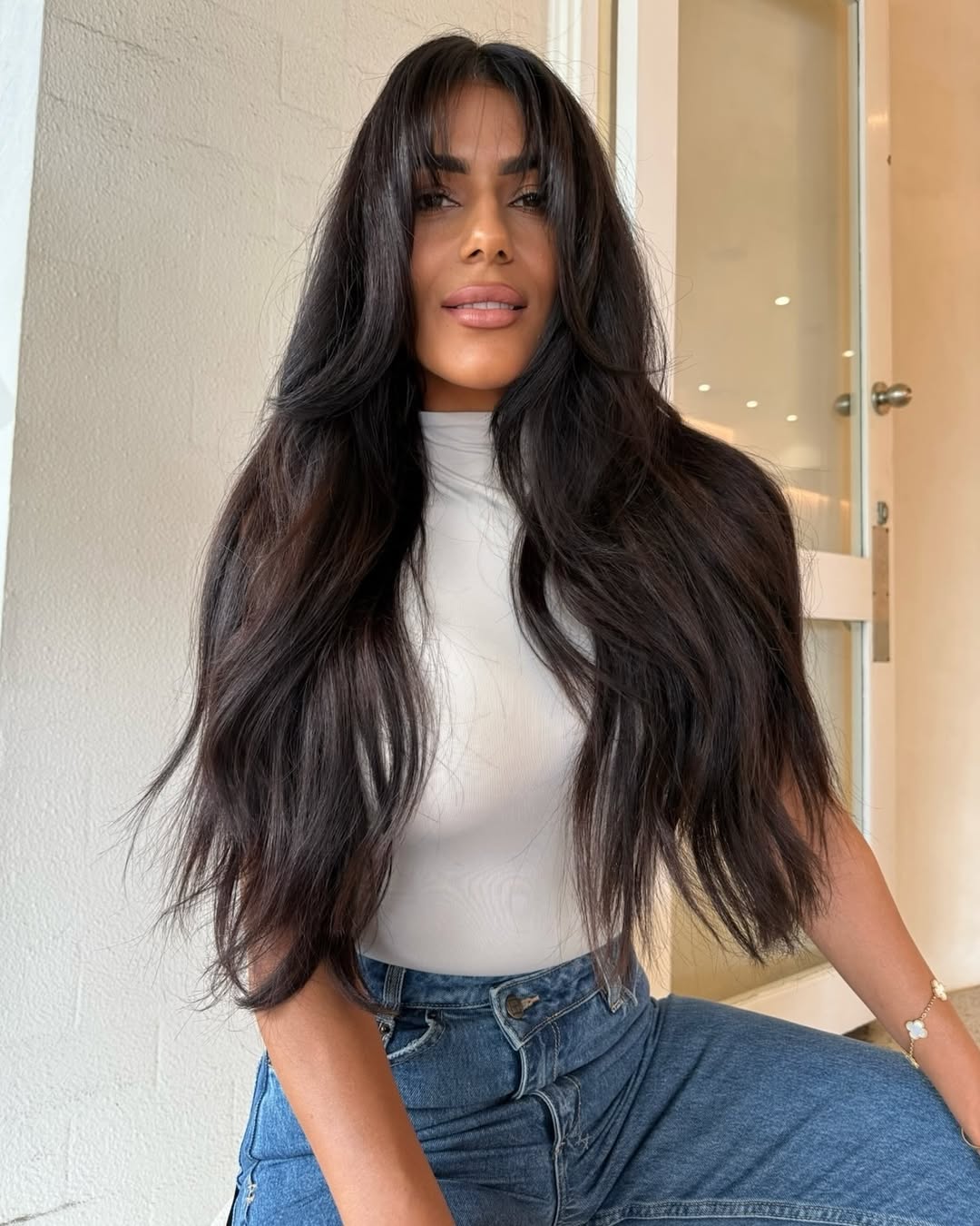 White Turtleneck and Denim Jeans White Turtleneck and Denim Jeans — Long Curtain Bangs