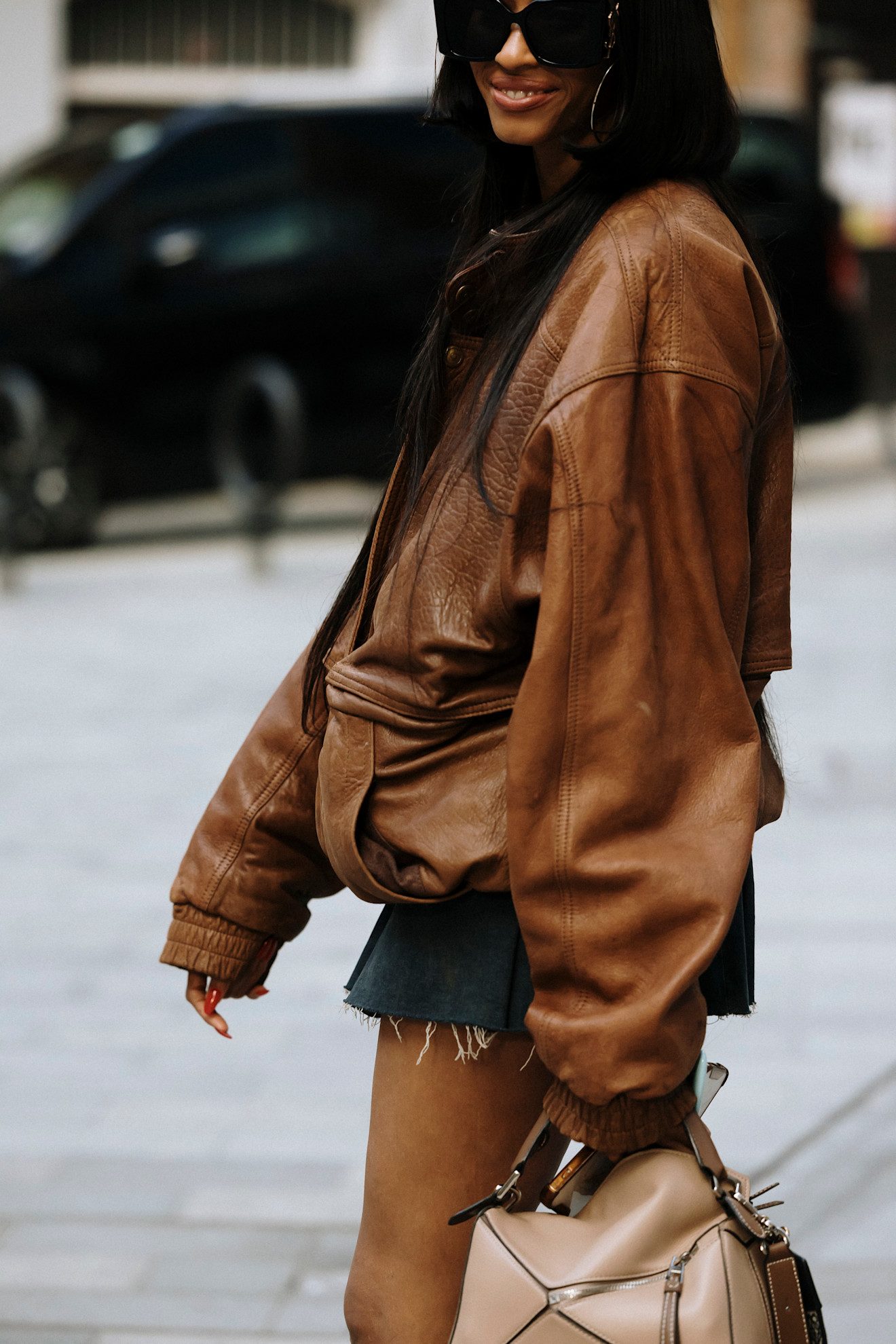 Distressed Brown Bomber with Denim Mini Skirt — Bomber Jacket Outfits
