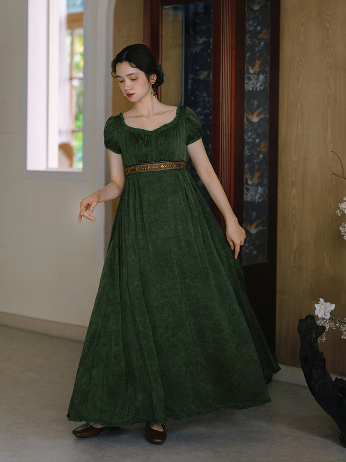 Forest Green Velvet Empire Waist Dress with Gold Belt — Princesscore Outfits