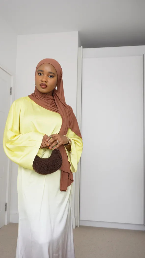 Yellow and White Satin Dress Styled with Brown Hijab Yellow and White Satin Dress Styled with Brown Hijab — Hijab Wedding Guest Outfits