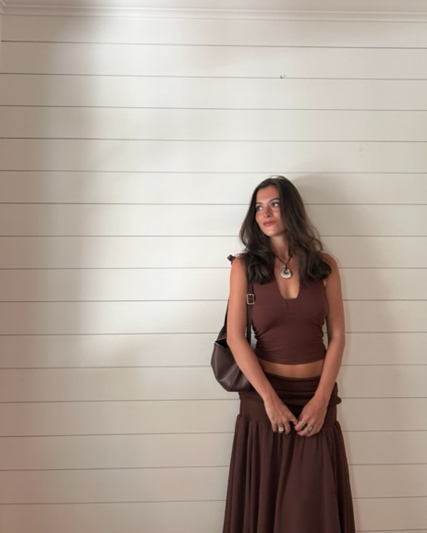 Brown Halter Crop Top with Tiered Maxi Skirt — Anthropologie Outfits