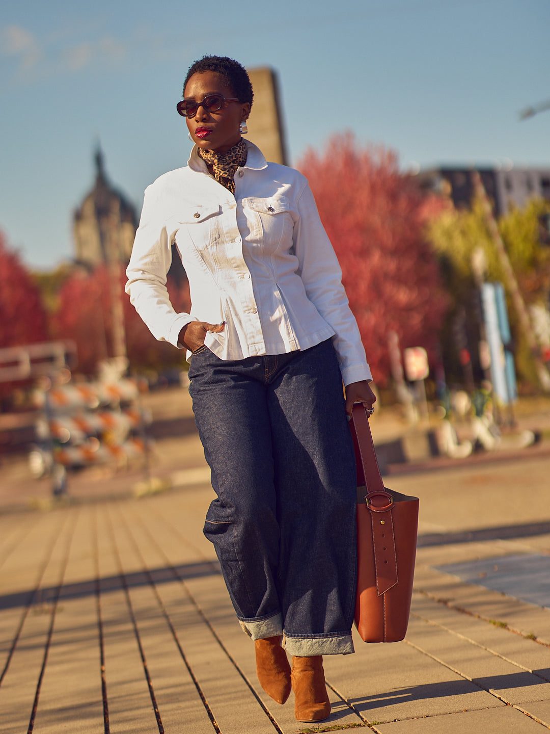 Dark Wash Jeans with Denim Jacket and Leopard Scarf Dark Wash Jeans with Denim Jacket and Leopard Scarf — Barrel Jeans Outfits