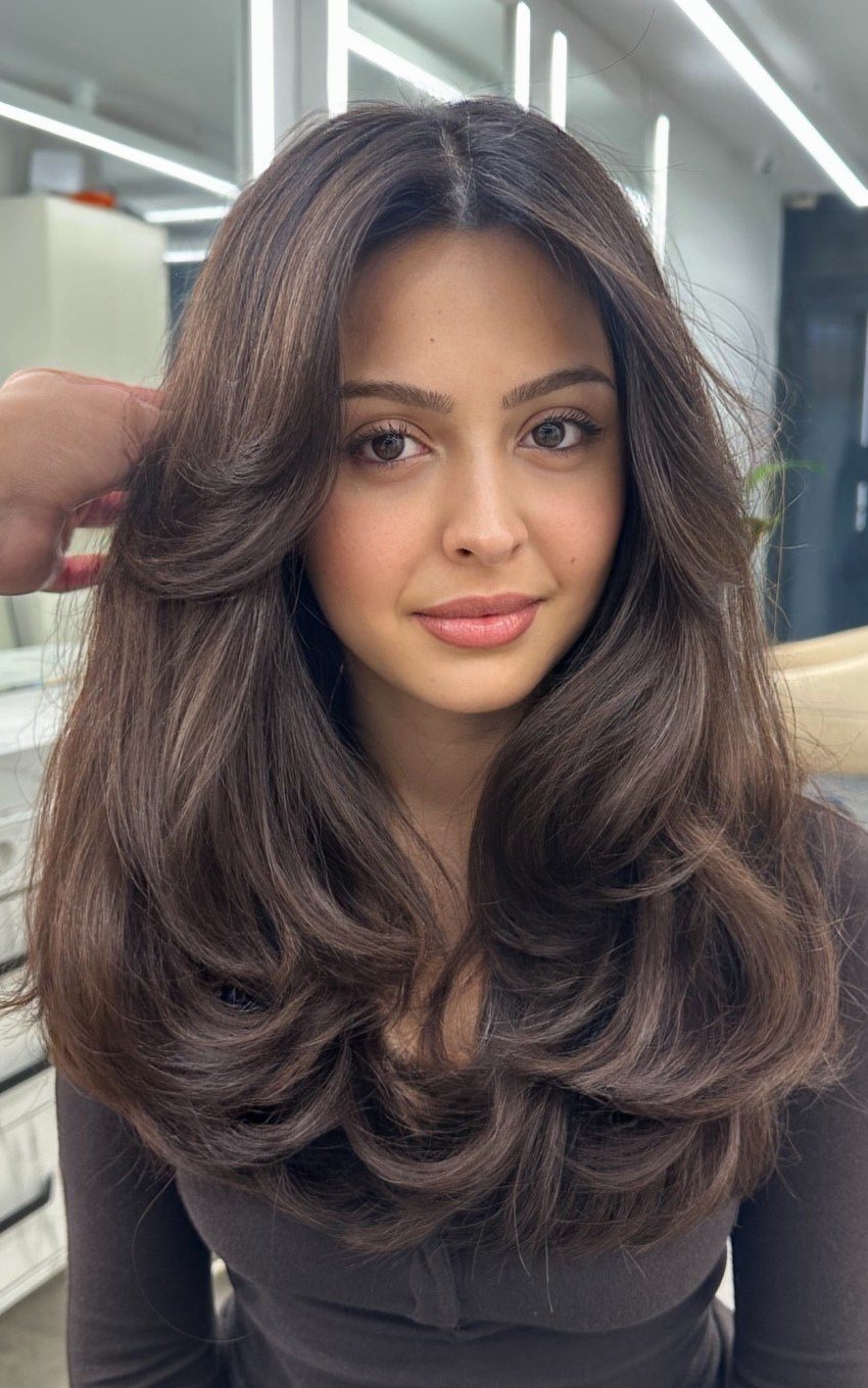 30 Trendy Long Layers : Long Layered Dark Brown Hair with Curtain Bangs