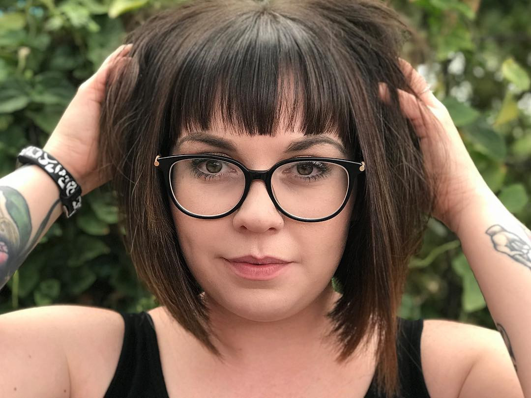 Blunt Dark Brown Bob With Blunt Bangs — Short Haircuts with Glasses