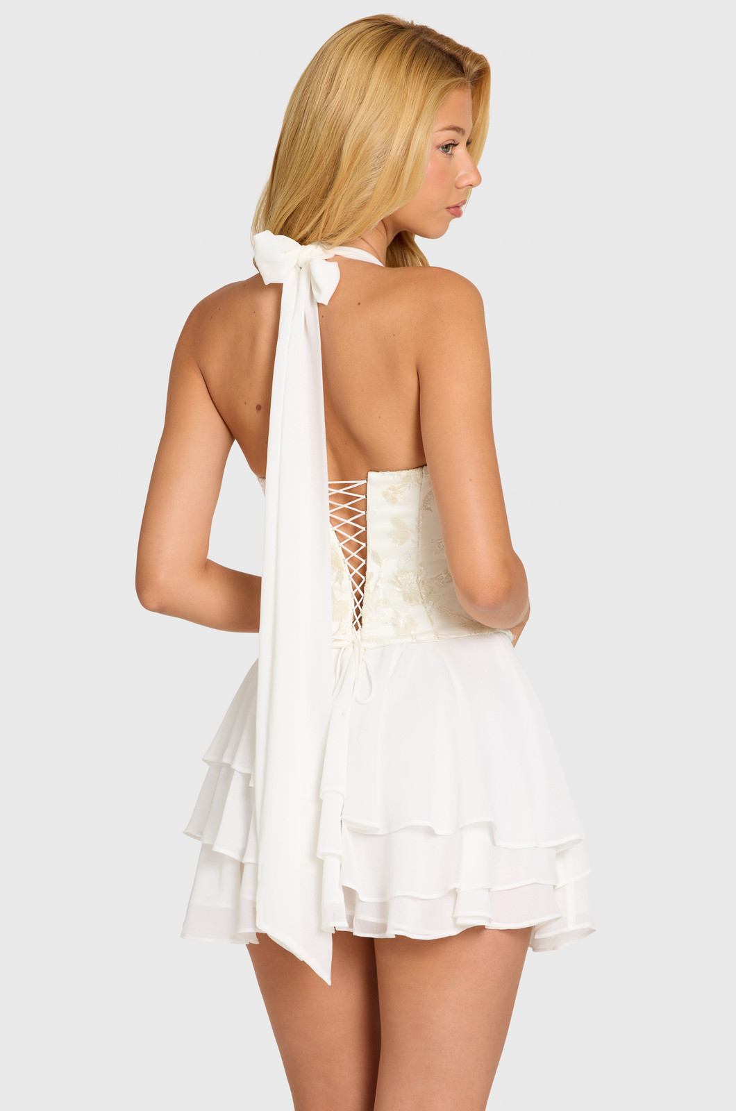 White Brocade Corset Dress with Tiered Chiffon Skirt White Brocade Corset Dress with Tiered Chiffon Skirt — Birthday Dresses