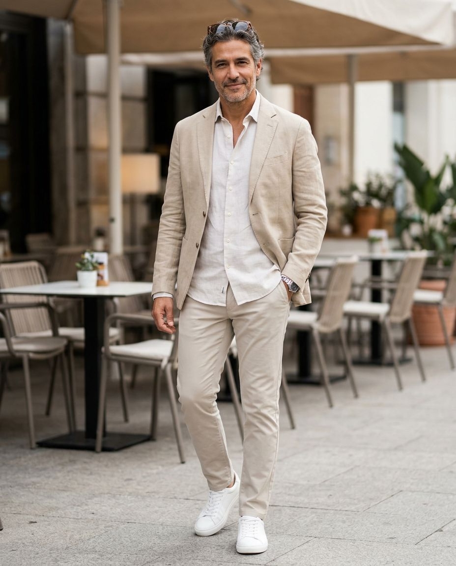 Beige Linen Blazer with Cream Shirt and Trousers Beige Linen Blazer with Cream Shirt and Trousers — Outfits for Men Over 50